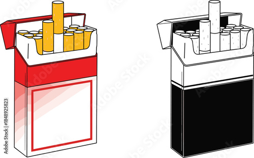 Open cigarette pack illustration showing full tobacco sticks in red and black packaging isolated on white background for smoking addiction health warning concept design