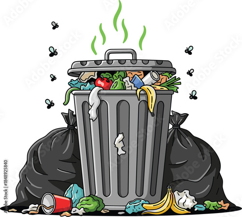 Overflowing trash bin with food waste, flies and odor, environmental pollution and poor waste management concept, sanitation problem flat vector illustration