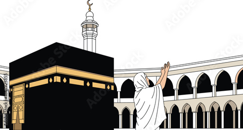 Pilgrim in Ihram Praying Towards the Holy Kaaba and Masjid al-Haram in Mecca During Hajj or Umrah Journey