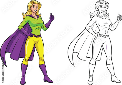 Smiling female superhero vector character in green suit giving thumbs up with black outline version for coloring book design