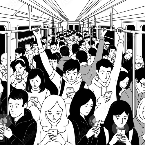 Digital Isolation: Crowd of Commuters Staring at Smartphones on Subway