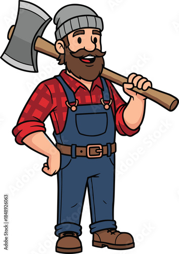 Smiling, cheerful cartoon lumberjack character holding a large axe over his shoulder, wearing flannel, overalls, and a beanie, representing forestry work and masculinity.