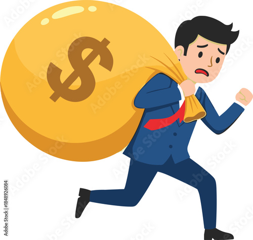Stressed cartoon businessman carrying a heavy giant yellow money bag with dollar sign on his back isolated on white background