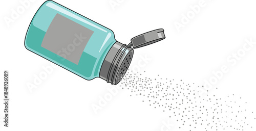 Spilled spice shaker illustration showing seasoning container pouring powder, kitchen ingredient concept, cooking preparation, food flavoring, and culinary design
