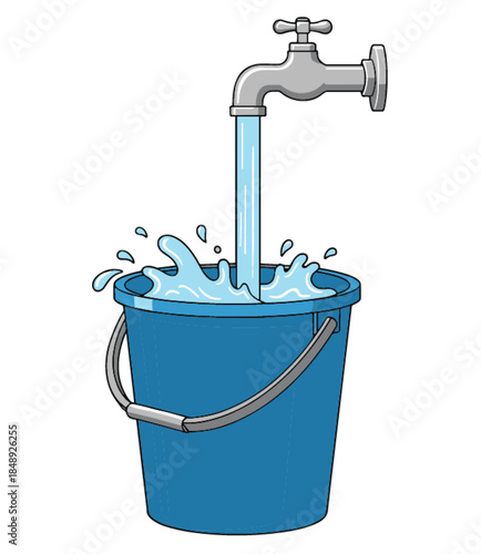 Water flowing from tap into blue bucket with splash, clean water supply and daily household usage concept, flat vector illustration