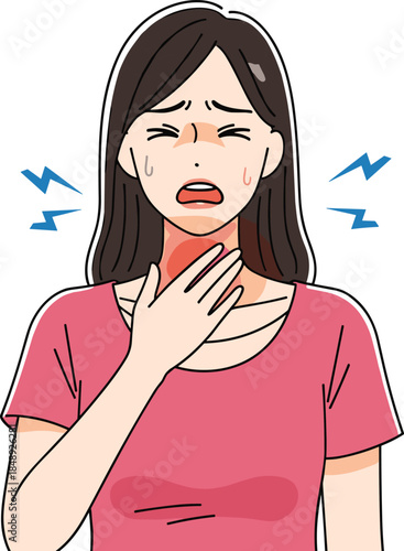 Woman suffering from sore throat pain holding neck with discomfort signs, illness symptom and healthcare problem concept, flat vector illustration