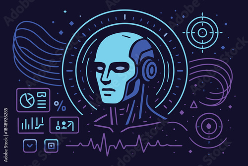 Robotic head with data streams, concept of artificial intelligence and future