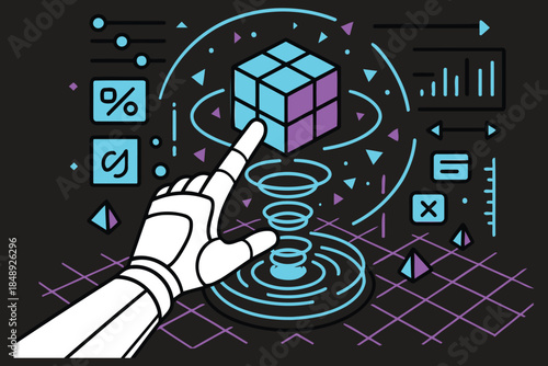 Robot hand touching a glowing cube, concept of AI and problem solving