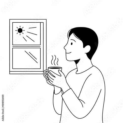Morning Coffee Ritual: Happy Man Drinking Tea by Sunny Window