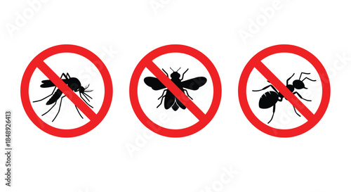 No Mosquitoes Flies Ants Sign, Prohibition Symbol Insects