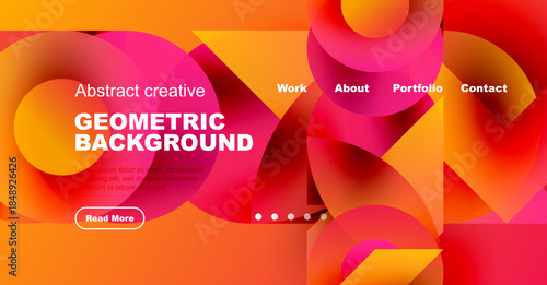 Vibrant abstract geometric background. Orange, yellow, red hues blend. Website header with navigation options present. Modern design elements visible.