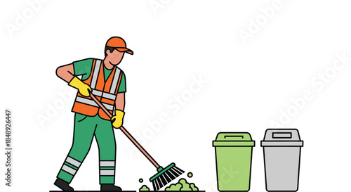 Man in Orange Vest Cleaning Street with Broom and Trash Cans