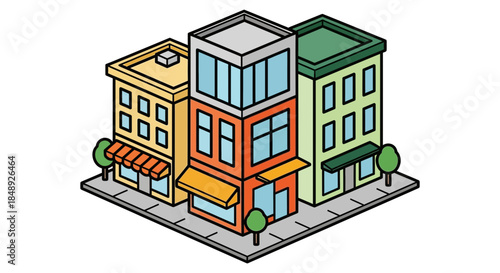 Colorful Cartoon Buildings on City Street with Trees and Awnings