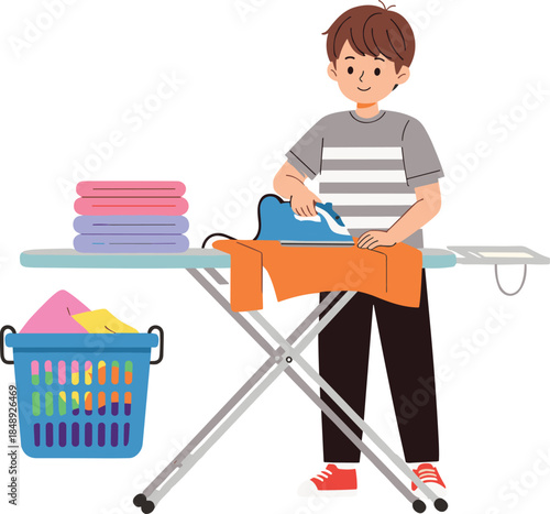 Young man ironing clothes at home, household chores and laundry routine concept, domestic lifestyle illustration, daily home activity design