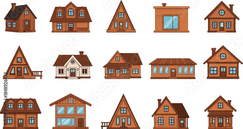 Wooden house and cabin collection set featuring various rustic cottage styles in flat cartoon illustration for real estate, village architecture, and countryside home design