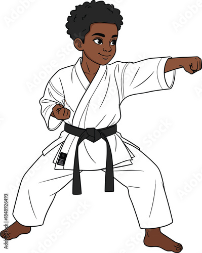 Young martial arts student performing karate punch stance in traditional uniform, discipline and self defense training concept, flat vector illustration