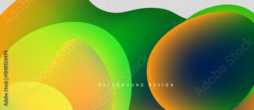 Abstract fluid shapes overlap, creating vibrant color gradients. Design features smooth transitions between orange, green, yellow, blue hues.