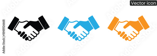 Handshake icons in black, blue, and orange symbolizing business partnerships
