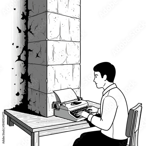 Writer's Block: Author at Typewriter Facing Brick Wall - Creative Crisis Vector