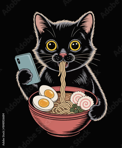 A black cat. A large, ceramic bowl of ramen is in front of the cat. The bowl is richly detailed, with golden-yellow noodles, two hard-boiled egg halves with bright orange yolks,