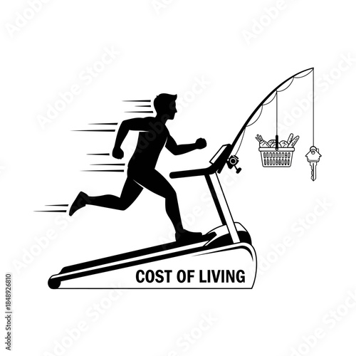 Cost of Living Treadmill: Man Chasing Food and Housing Keys - Inflation Concept