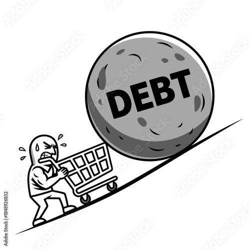 Financial Burden: Man Pushing Shopping Cart Uphill Crushed by Giant Debt Ball