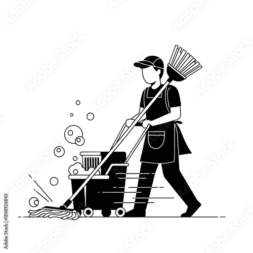 Professional Cleaner with Mop and Bucket - Janitorial Service Vector