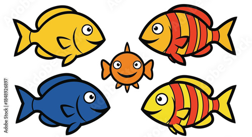 Colorful Cartoon Fish Swimming Together in School