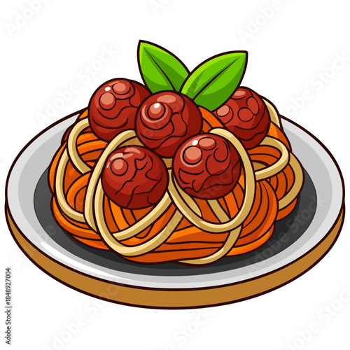 A classic plate of spaghetti and meatballs is topped with a rich red sauce and a fresh basil leaf garnish.