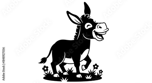 Happy Donkey Standing in Grass with Flowers, Black and White Illustration