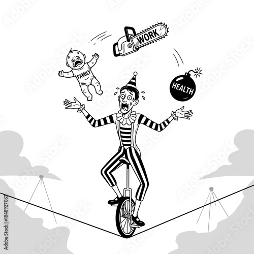 Stressed Clown Juggling Work, Family, and Health on Tightrope - Work-Life Balance Vector
