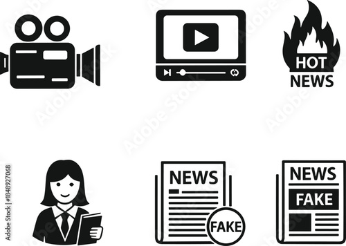 Media literacy icons set, video camera, play button, hot news, news anchor, fake news, black and white vector