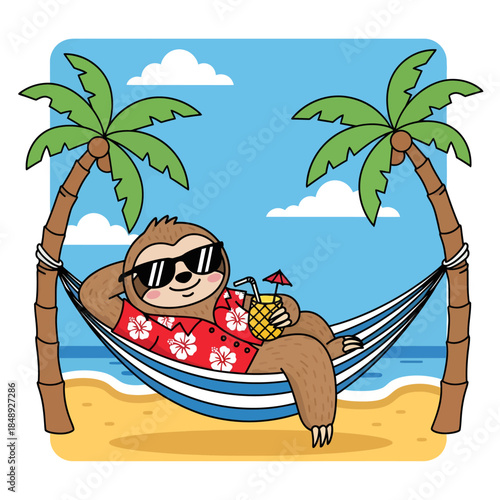 cartoon sloth relaxing in a hammock on the beach