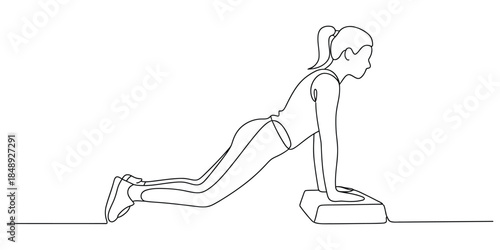 Woman doing incline pushups on a step, line art