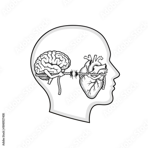 Head vs Heart: Brain and Heart Tug of War Inside Mind Profile Vector