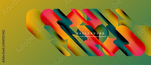 Abstract geometric shapes overlap, creating vibrant color gradients. Yellow, red, green hues dominate design. Modern aesthetic.