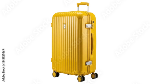 Photos Isolated golden yellow rolling suitcase perfect for travel, business trips, vaca