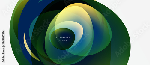 Abstract fluid shapes overlap, creating vibrant color gradients. Design features text background design within central swirl.