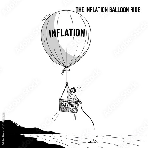 Rising Cost of Living: Inflation Balloon Carrying Away Personal Savings Illustration