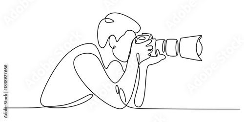 One line drawing of a photographer taking a picture with a camera