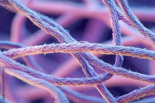 Close-up of intertwined purple fibers, threads, and yarns in a complex network pattern