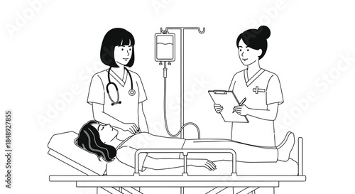 Nurses Attending to Patient in Hospital Bed with IV Drip