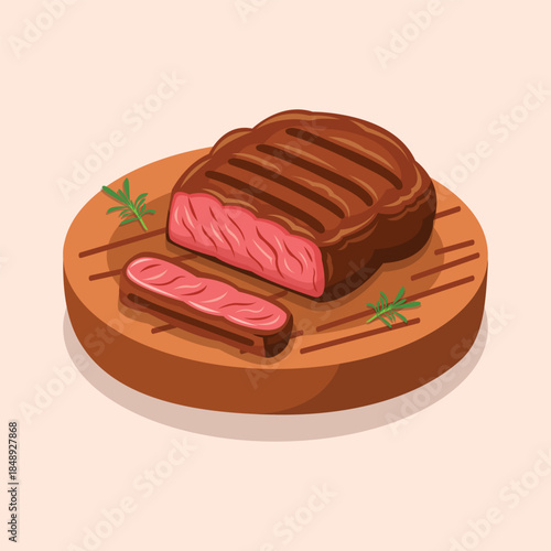 A detailed flat illustration of grilled steak served on a wooden plate, suitable for restaurant menus and culinary promotions.