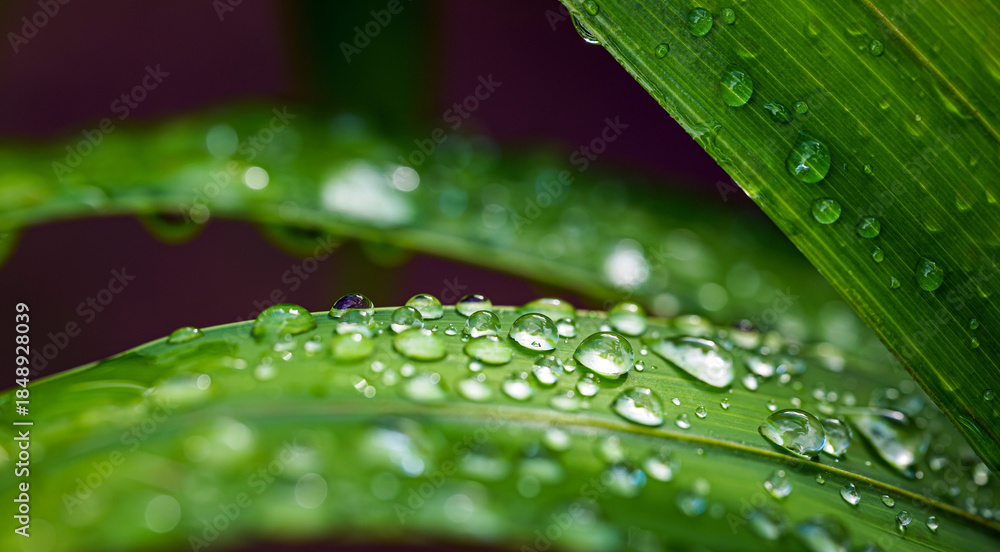 Naklejka premium Macro image of water droplets on green palm leaves, close-up of rainy season drops rainwater on the green palm leaf