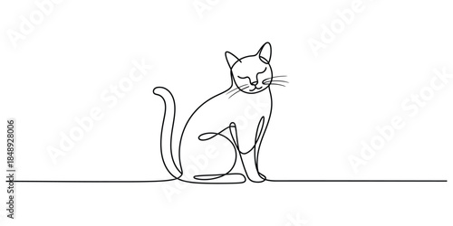 Minimalist one line drawing of a sitting cat with eyes closed