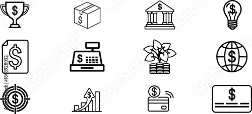 Financial and business icons set including money symbols and services