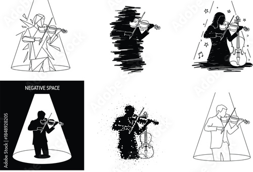 Violinist silhouette vector collection, male and female musicians playing violin, artistic abstract performance illustration, modern music design, creative concert composition elements