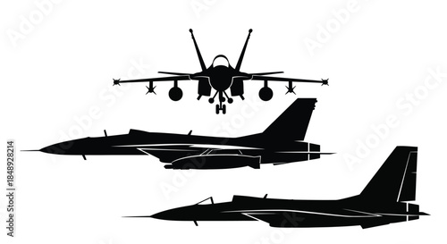 Fighter Jet Silhouettes in Three Angles, Military Aircraft Illustrations