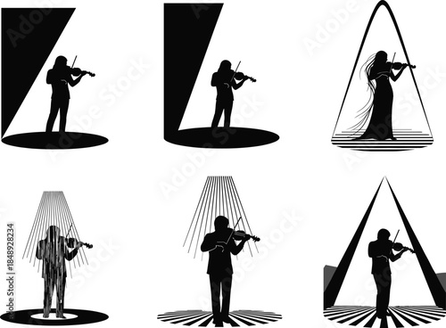 Violinist silhouette vector collection, musician playing violin on stage, abstract art design, classical music performance, elegant concert illustration, minimal modern composition