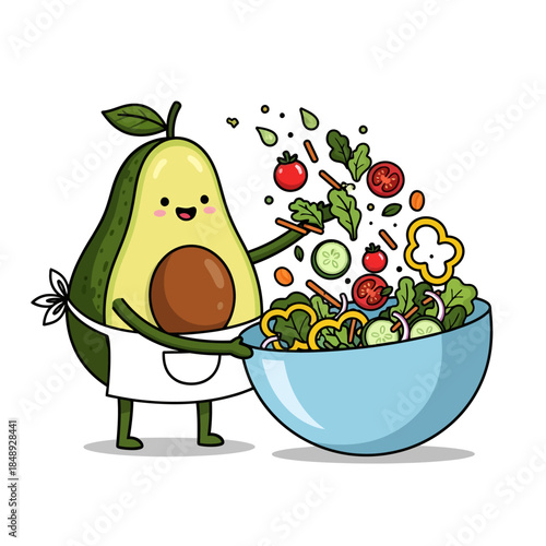 cartoon avocado with salad in bowl with vegetables and dressing